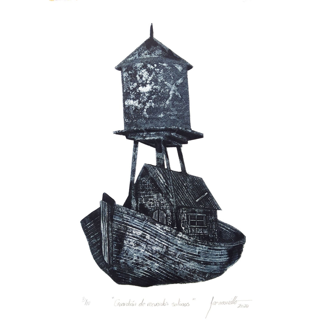 Guardián de Recuerdos Salinos Obra grabado colagrafía Juan Manuel Jaramillo