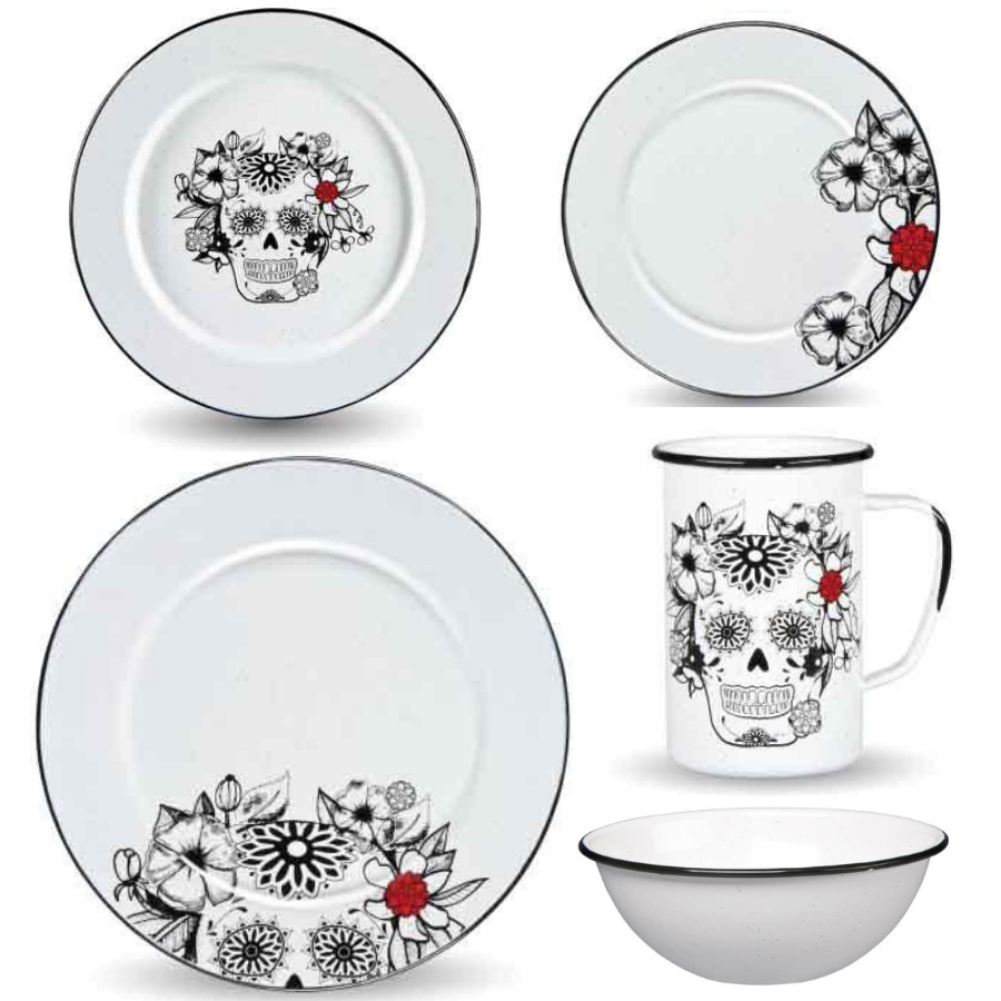 Vajilla Set Platos Calavera y Flores para 1 persona (5 piezas)